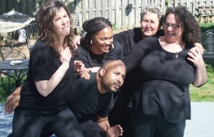 Playback Theatre performers Davis Rodriguez Melendez (front row from left), Andrea Jacobs, Sarah Hormell (top row from left), Bianca Adger, and director Jessie Cocks are shown. 