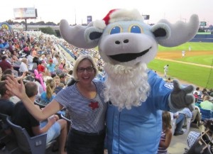 Chadds Ford Business Association board member Beth Alois poses with Blue Rocks’ mascot Rocky Bluewinkle.
