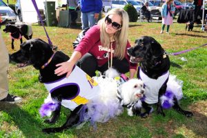 The Laker Girls,Malibu and Sunset, with "rufferee" Lucky at the GiggyBites Halloween "Paw-tay." Jen Trevithick, of  Exton, keeps the peace.