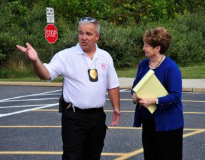 Chadds Ford Fire Marshal Mike Daily reviews fire drill results with St. Cornelius School Principal Barbara Rosini. Daily called the results "fabulous."