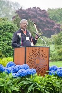 Chief Dennis Coker offers a prayer during the May 15 ceremony during which the stone monument to Hannah Freeman was rededicated.