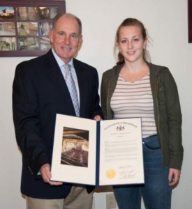 State Rep. Stephen Barrar, R-160, presents Jessica Oehler, of Chadds Ford, with a proclamation for her earning the Girl Scout Gold Award, which is equivalent to reaching Eagle Scout in the Boy Scouts.