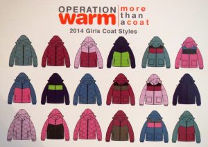 A flyer shows the 2014 colors and styles for the girls' coats; efforts are made to ensure that the clothing doesn't suggest a hand-out.