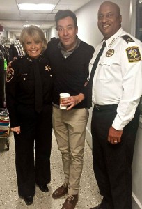 Chester County Sheriff Carolyn "Bunny" Welsh (left) and Chester County Sheriff Alex Underwood (right) stop for a photo with Jimmy Fallon, who happened to be in the NBC hallway.