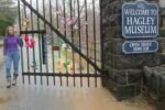 Sharon Silverman's vibrant yarn creations, inspired by a historic rug, spotlight the Hagley Museum entrance.
