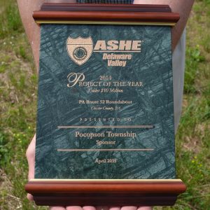 The plaque from the  Delaware Valley section of the American Society of Highway Engineers recognizes the Pocopson roundabout as the 2014 Project