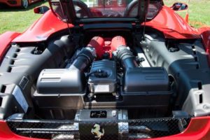 The eight-cylinder, rear-mounted engine of the Ferrari F430 can easily propel the car beyond 100 mph.