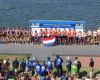 Members of the U.S. men's 8+ rowing team (left) receive silver during the medal ceremony for the 2015 World Rowing Junior Championships. Photo courtesy of World Rowing.com