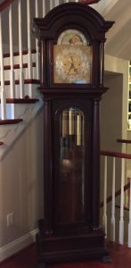 The board of the Kennett Public Library says this elegant tall-case clock will remain at the home of Karen Ammon, vice-president of the board, for its protection. Photo courtesy of Karen Ammon