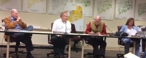 Kennett Township Supervisors Robert Hammaker (from left). Scudder G. Stevens, and Richard L. Leff and Township Manager Lisa M. Moore listen during public comment at Wednesday night's supervisors' meeting.