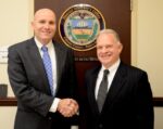 Caption: Chester County District Attorney Tom Hogan (left) congratulates Chief County Detective James Vito on an illustrious career that began in the District Attorney’s Office in 1979.