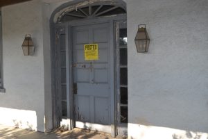 The front door of the Fussell House shows some of the period details, which have fallen into disrepair.