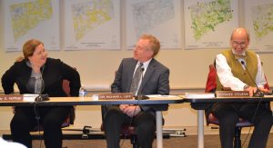 Supervisor Whitney Hoffman (from left), the newest member of the Kennett Township board, takes her seat next to colleagues Richard Leff and Scudder G. Stevens.