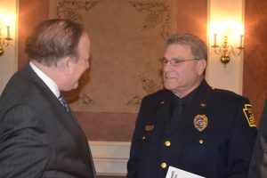 State Sen. Andy Dinniman (left) chats with Kennett Square Police Chief Edward A. Zunino after the program.