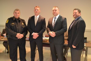 Kennett Square Police Chief Edward A. Zunino (left) and Mayor Matt Fetick flank the borough's two new officers, George Carlson and Mark Todd.