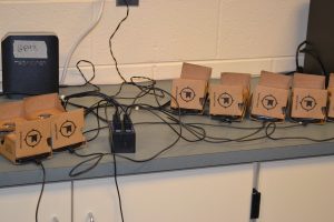 After heavy use, batteries in the Google devices get some needed juice at an impromptu charging station set up by Dave Carter, a technology instructor at Pocopson Elementary School. 