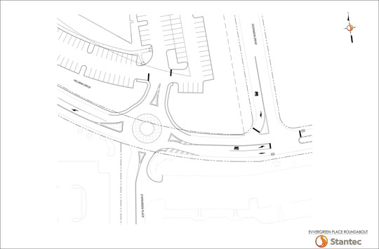 One of the sketches presented on Feb. 24 showing the the proposed 90-foot roundabout on Hillman Drive at Evergreen Place.