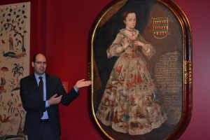 Dennis Carr points out that this circa 1773 painting from Mexico illustrates global imagery in the young noble's embroidered dress. 