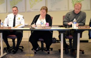 Kennett Township Police Chief Lydell E. Nolt delivers his report during Wednesday night's supervisors' meeting. To his right are Supervisors Whitney S. Hoffman and Richard L. Leff. 