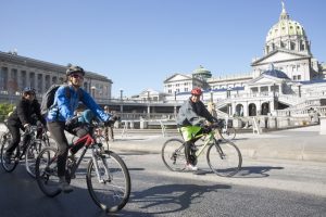 Bike riders take off from the back of the Pennsylvania Capitol Building to kick off Bike to Work Week. Photo courtesy of PennDOT