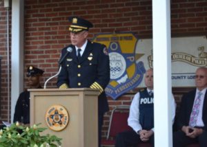 West Goshen Township Police Chief Joseph Gleason addresses the crowd.