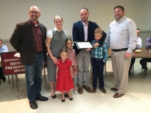 Borough Council President Danilo Maffei (left) and Mayor Matt Fetick (right) pose with award recipients Pat and Silvia Mahon and their children.