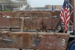 Steel tridents from the World Trade Center after 9/11, before some of them were moved to Coatesville where they originated.