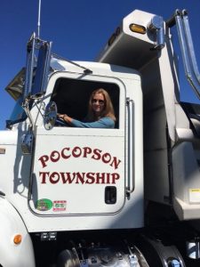 Pocopson Township Supervisor Elaine DiMonte enjoys the view from the township truck.