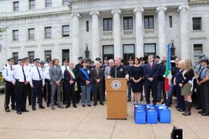 Delaware County District Attorney Jack Whelan, joined by area government and law-enforcement officials, welcomes a contingent of police from Italy. 