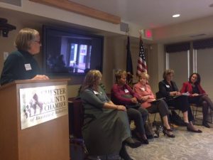 Barbara Mcilwaine Smith (left) moderates a bipartisan forum on women's issues hosted by the Chester County Fund for Women and Girls.