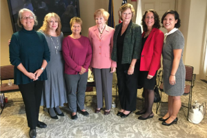 Barbara Mcilwaine Smith (from left), Dorothy McLane, Beverly Mackereth, Carole Rubley, Susan Carty, Kathy Boockvar, and Michelle Legaspi Sanchez join forces to discuss women's issues.
