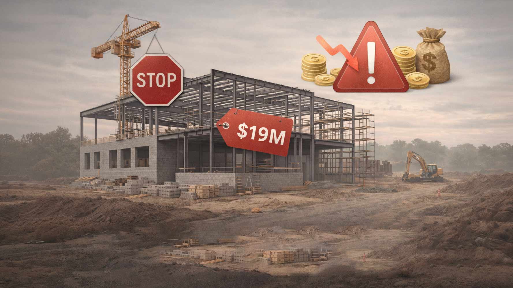 Illustration of a middle school construction project with financial indicators showing cost overruns.
