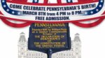Graphic announcing Pennsylvania's birthday celebration on March 8th with free admission from 4 p.m. to 8 p.m.