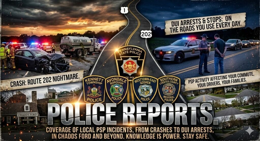 Read Pennsylvania State Police reports curated for Chadds Ford Live readers, including local crashes, DUI arrests, traffic citations, and patrol activity on the roads you drive every day.
