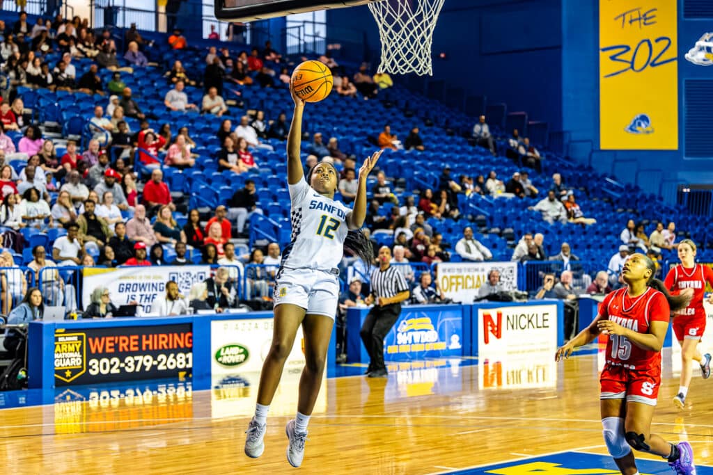 Sanford junior Asia Adams shoots a layup against Smyrna in the semifinals of the 2026 DIAA girls basketball state tournament. Photo Credit: Dave Reeder