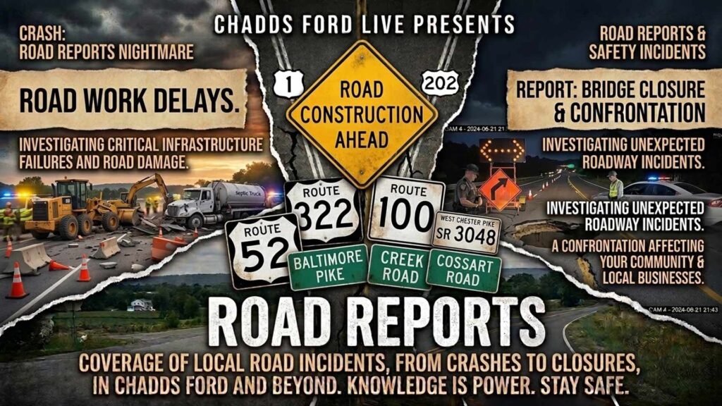 Chadds Ford road reports featuring PennDOT closures on Route 1, Route 202, and Route 52 with lane restrictions and detours